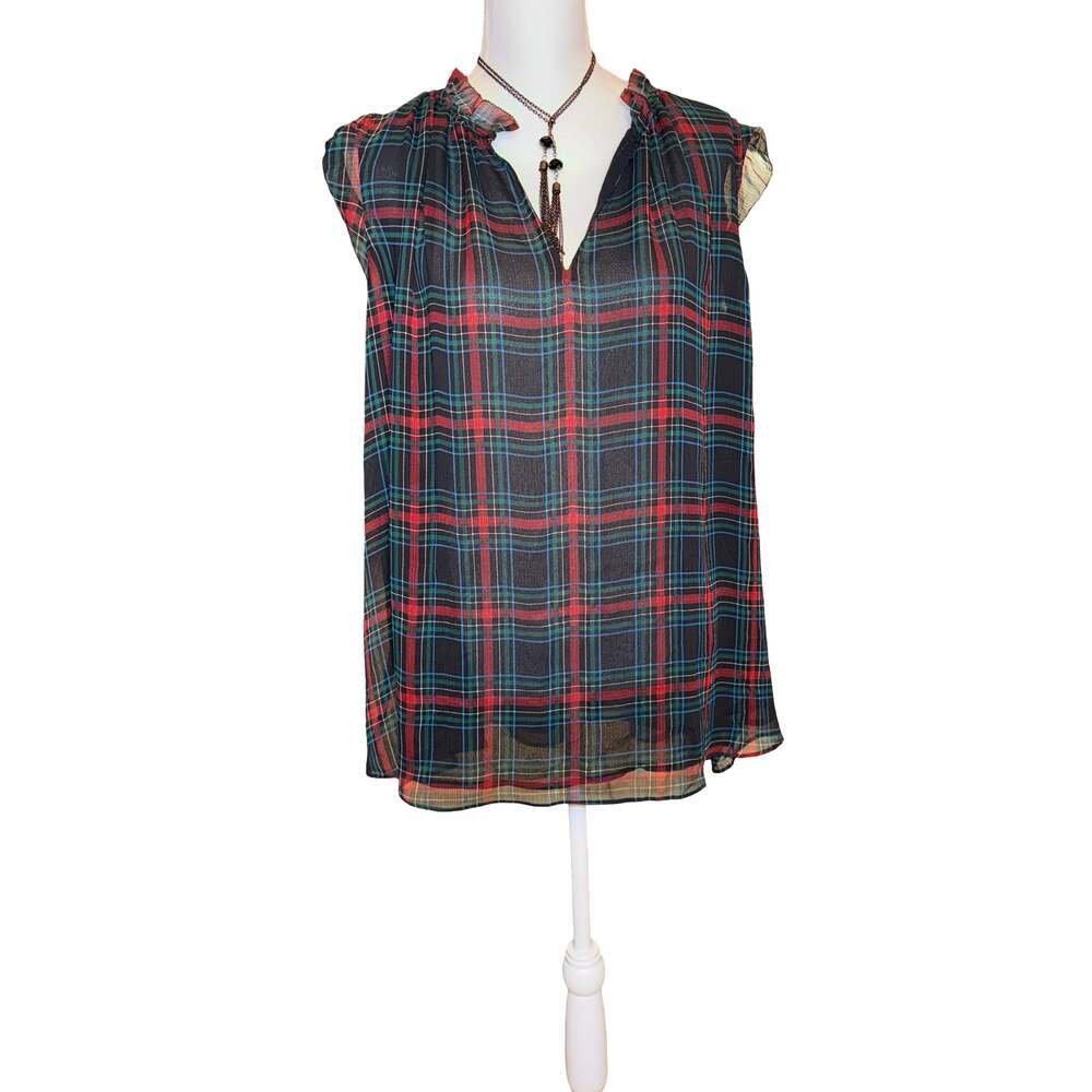 Lane Bryant Plaid Sheer Ruffle Neck Sleeveless Blouse Size 22/24